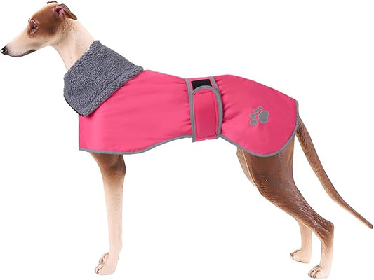 Geyecete Dog Winter Coat Geyecete Greyhound Raincoat Fabric with Lamb Velvet Inside Outdoor Dog Apparel with Adjustable Bands for Medium, Large Dog-Pink-L