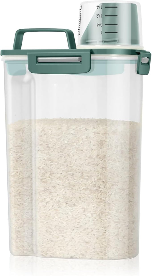 TBMax Rice Storage Container 3 to 5 Lbs - Small Pet Dog Cat Food Container Dispenser with Easy Pouring Spout & Cup, Portable Cereal Container for Small Spaces, Travel, or Daily Use -Dark Green