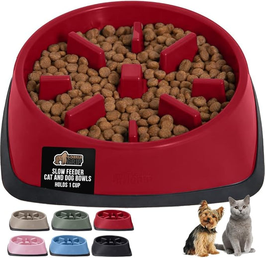 GORILLA GRIP Patented BPA Free Slow Feeder Dog Bowls, Interactive Puzzle Toy for Dogs and Cats Food Training Enrichment, Keeps Pets Busy and Prevents Puppy Overeating, Small Breeds, 1 Cup, Red