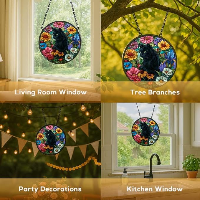 6.3in Stained Glass Window Hanging， Black Cat and Colorful Flowers Sun Catchers Indoor Window， Core Decor Inside and Outside The Cottage， Gifts for Women -721