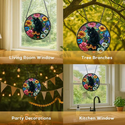 7.8 in Stained Glass Window Hanging， Black Cat and Colorful Flowers Sun Catchers Indoor Window， Core Decor Inside and Outside The Cottage， Gifts for Women -721