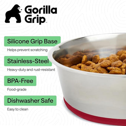 GORILLA GRIP Dog Bowls, Heavy Duty 304 Stainless Steel, Holds 6 Cups Each (48 fl oz) Food and Water Bowl for Feeding Dogs and Cats, Dishwasher Safe, Rust Resistant, BPA Free Rubber Base Set of 2 Red