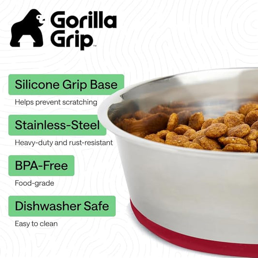 GORILLA GRIP Dog Bowls, Heavy Duty 304 Stainless Steel, Holds 1 Cup Each (8 fl oz) Food and Water Bowl for Feeding Dogs and Cats, Dishwasher Safe, Rust Resistant, BPA Free Rubber Base Set of 2 Red