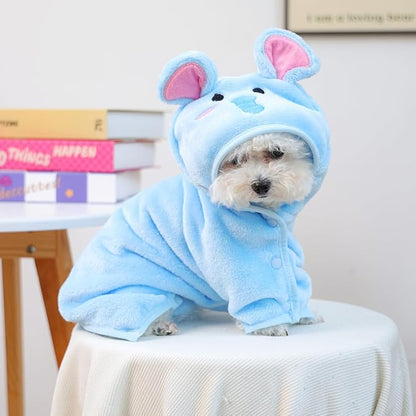 Dog Bathrobe with Hood Super Absorbent Soft Quick Drying Towel Wrap Adjustable Puppy Cat Bath Robe Towel for Cold Weather Beach Pool (Blue Elephant, Medium)