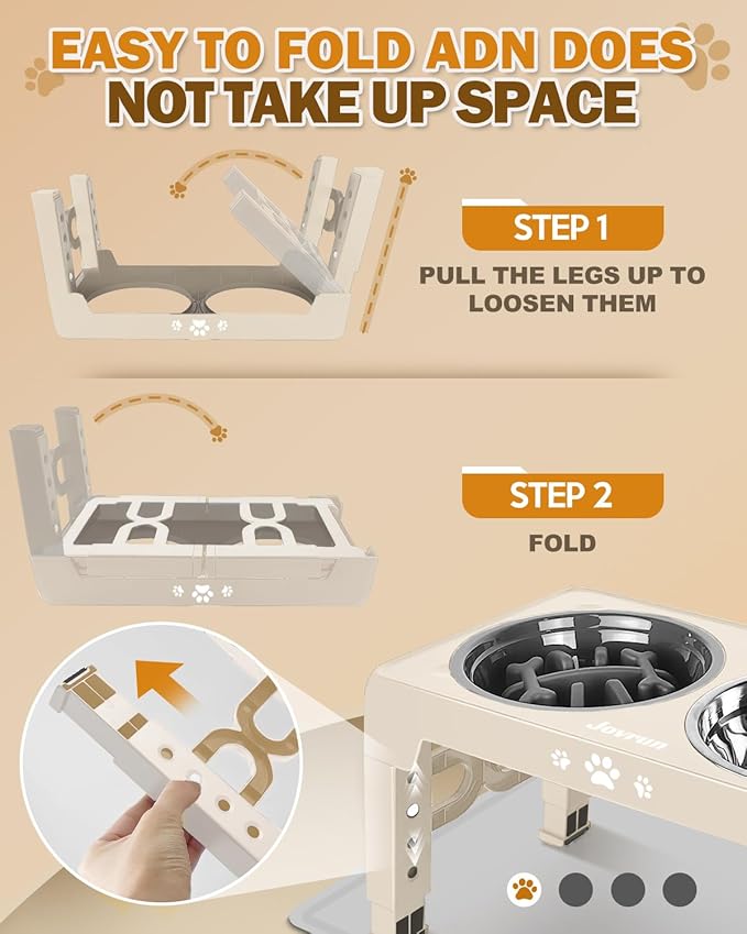 Elevated Dog Bowls with Mat, Non-Slip Dog Feeder with 1*Stainless Steel Dishes & 1*Slow Feeder Bowl, 5 Heights Adjustable Raised Bowls for 3.15″-8.66″-9.84″-11.02″-12.2″