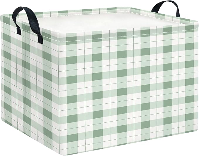 CLOCOR Rectangular Storage Basket,Collapsible Cute Pattern Storage Bin,Waterproof Books Box with Handles,Gift Basket(Green Grid)