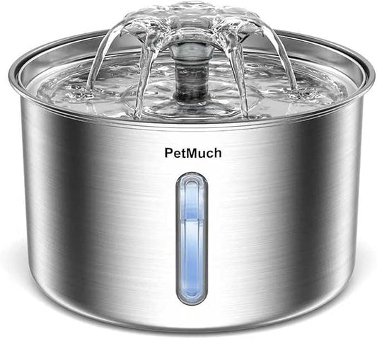 Stainless Steel Cat Fountain, 102 oz/3L Automatic Pet Fountain for Cats and Small Dogs, Ultra-Quiet Pump with White LED Light, Water Level Window