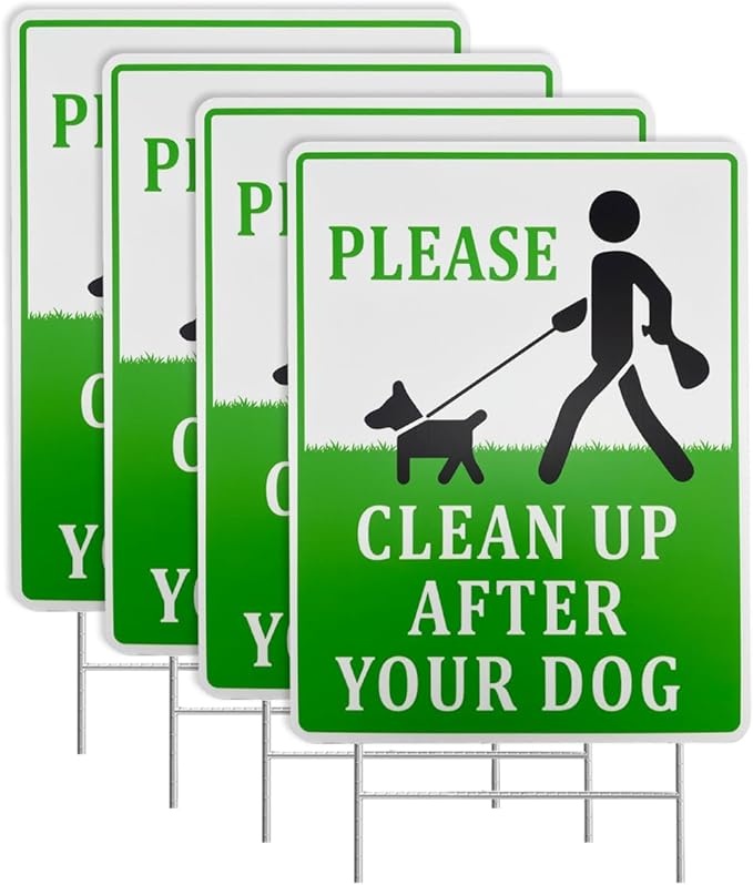 Clean Up After Your Dog Signs, 2"x9" with Metal H-Stakes No Poop Double Sided Pick Up After Your Dog Signs For Yard(4PCs)