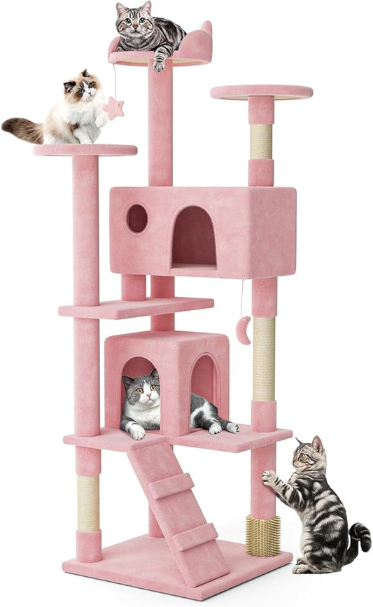 MoNiBloom 77 Inch Cat Tree Tower for Indoor Cats Large Adults, Tall Cat Tower with Scratching Post, Multi-Level Furniture Activity Center with Cat Condo Pet Play House, Soft Pink