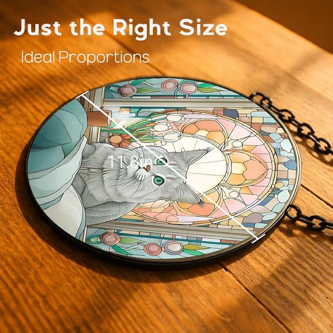 11.8in Stained Glass Window Hanging， Gray Cat Sun Catchers Indoor Window， Core Decor Inside and Outside The Cottage，Gifts for Women -376