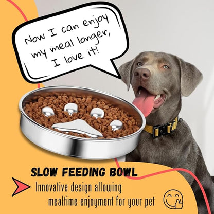 STRUNGZ Stainless Steel Slow Feeder Dog Bowl - 2 Cups Capacity With Non-Slip Silicone Base