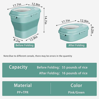 Cereal Rice Food Storage Containers, Collapsible 20 to 50 Lbs Dispenser Bin with Rolling Wheel Airtight Locking Lid, Dog Pet Cat Flour Sugar Plastic Leakproof Sealable Large Kitchen Pantry Holder