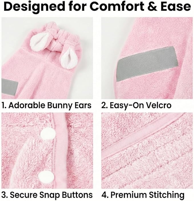 Dog Bathrobe Super Absorbent Towel for Small Dogs Cats Fast Drying Dog Robe Coat with Hood Puppy Cat Bath Towel Wrap Pet Grooming Supplies After Shower (Light Pink,S)