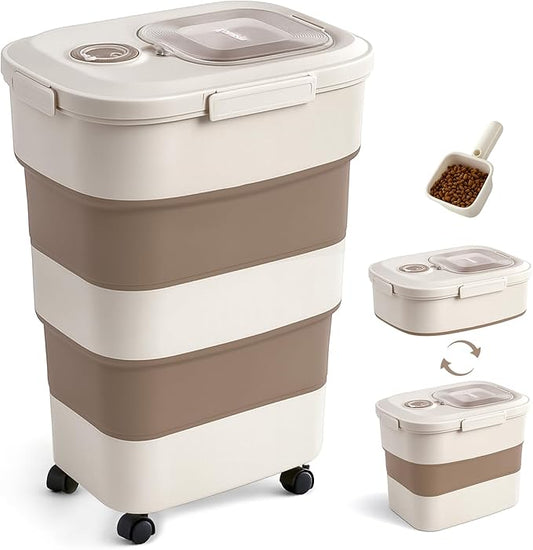 40-50lbs Dog Food Storage Container, Large Capacity Collapsible Airtight Pet Food Storage Containers with Rolling Wheels, Transparent Lid, Scoop and Date Track, Brown
