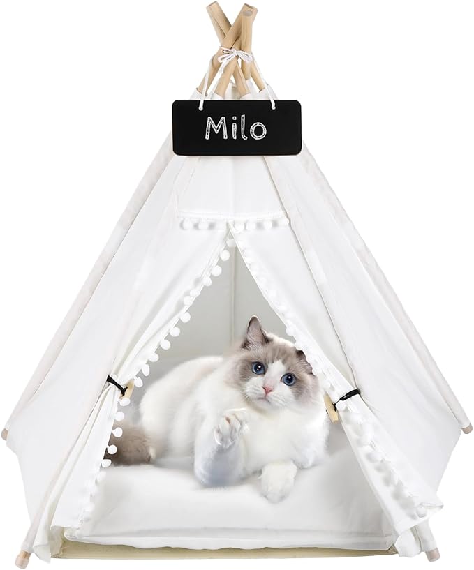 Pet Teepee for Cats Dogs - 20 x20 x 24in Cat Teepee with Thick Cushion for Cats Dogs Rabbits, Washable Dog Tent with Blackboard, Indoor Pet House for Puppies, White