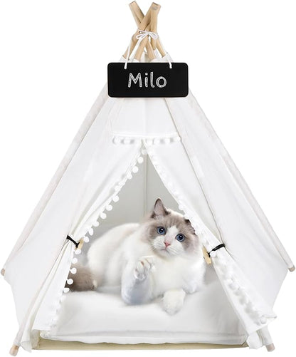 Pet Teepee for Cats Dogs - 20 x20 x 24in Cat Teepee with Thick Cushion for Cats Dogs Rabbits, Washable Dog Tent with Blackboard, Indoor Pet House for Puppies, White