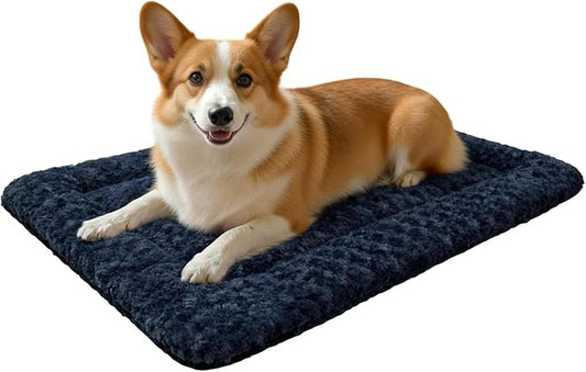 Washable Dog Bed Mat With Anti-Slip Bottom, Deluxe Plush Memory Foam Crate Pad & Waterproof Outdoor Kennel Mat For Dogs & Cats-Durable Crates Beds, Large Medium Small Puppy Size 24" x 18",Blue