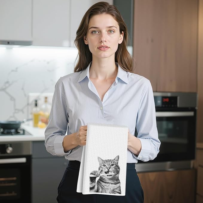 Hanamiya Na 2 Pcs Cute Cat Gifts Hand Towels 24x14 Inch, Funny Cats Gift Reusable Dish Towels for Kitchen Decor, Waffle Weave Absorbent Hand Cloth Tea Towel, Cat Lover Gifts for Women Mom Friend