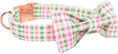 Maca Bates Plaid Dog Collar with Fancy Bow Tie,Cherry Pink Green Gingham Pattern for Medium Girl Boy Dogs,Adjustable Durable Soft Collars Irish Gift for Male Female Puppy