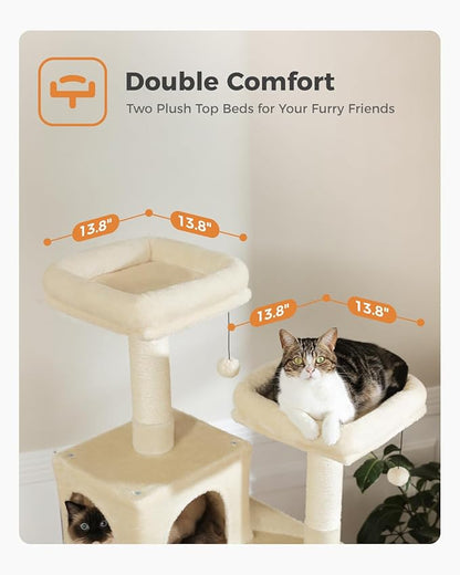 PAWZ Road Large Cat Tower, 70 Inches Tall Cat Tree with 2 Cozy Condos, 2 Plush Perch, Large Basket, 2 Scraching Pad & 6 Scraching Posts for Indoor Cats Adult, Beige
