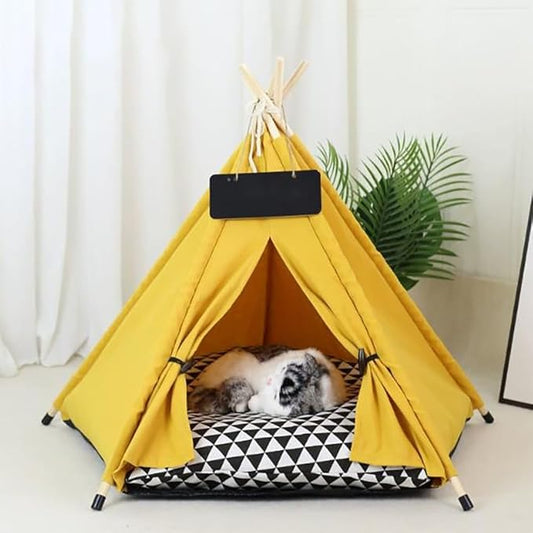 Stylish Pet Teepee Tent with Removable Cushion, Foldable Cat & Dog Tent House with Solid Wood Frame for Indoor Use (Multiple Patterns & Sizes)(E,M)