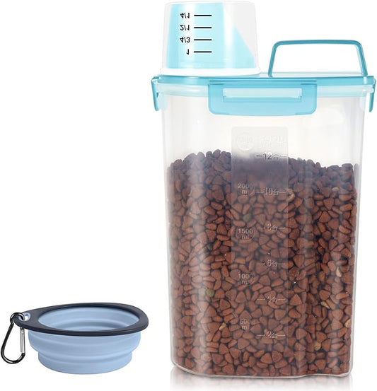 3-5Lbs/3Qt Dog Cat Food Storage Container With Foldable Bowl. Plastic Pet Food Dispenser for Small Animal Kibble/Pet Food/Bird Seed/Oatmeal/Rice/Flour/Brown Sugart/Cereals (Clear Bule)