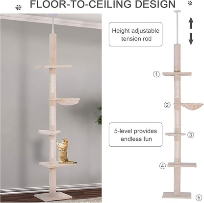 PawHut 102" Adjustable Height Floor to Ceiling Cat Tree, 5 Level Cat Tower with Scratching Posts, Hammock, Beige