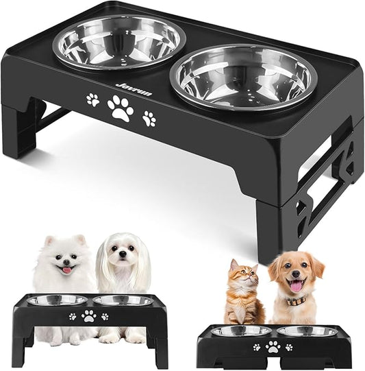Elevated Dog Bowls for Small Dogs and Cats, Dog Feeder with 2 Thick 5.5" Stainless Steel Dishes, Non-Slip 2 Heights Adjustable to 2.6"-5.3"