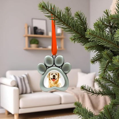 Pearhead Pawprint Photo Ornament, Dog or Cat Christmas Tree Decoration, Pet Memorial Keepsake Picture Frame, Classic Holiday Home Decor, Silver Metal