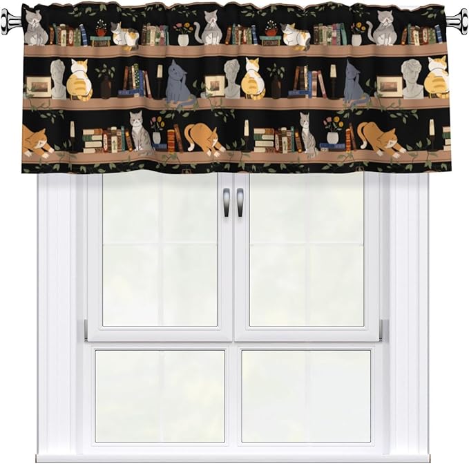 Bookshelf Cat Curtain Valance Short Rod Pocket Window Treatment for Living Room Bedroom Kitchen Bathroom 1 Panel 54" W x 18" L