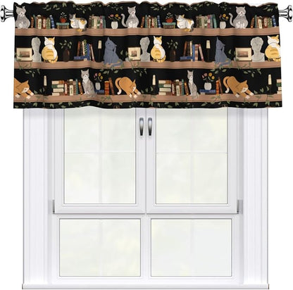 Bookshelf Cat Curtain Valance Short Rod Pocket Window Treatment for Living Room Bedroom Kitchen Bathroom 1 Panel 54" W x 18" L