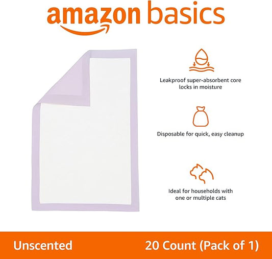 Amazon Basics Cat Pee Pads, Super Absorbent, Odor Control, Universal Fit for Litter Box, Disposable, Multi-Cat, Unscented, Purple and White, 20 Count