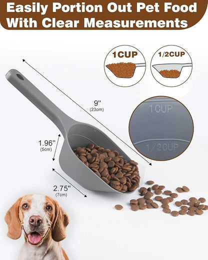2PACK Dog-Cat Food-Scoop Measuring-Cup,1 Cup Capacity Versatile Plastic Pet Food Scoop with Measuring Lines 1 Cup and 1/2 Cup for Precise Portion Control (Grey and Green)