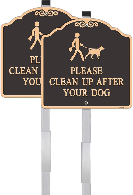 Large (2 Pack) 12x12 Inch Please Clean Up After Your Dog Sign, Metal, Reflective, Aluminum, Weatherproof Up to 7 Years Outdoor, Includes Stakes for Easy Mounting