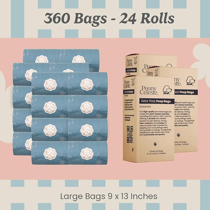 3 Pack 360 Bags Extra Thick Dog Waste Bags by Peony Celeste - Blue Stone Color, Leak-Resistant, Coreless, Unscented Pet Waste Bags, 9x13 Inches