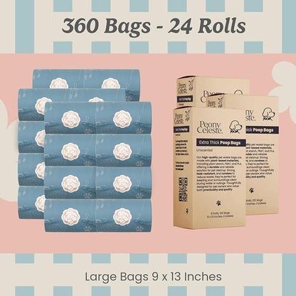 3 Pack 360 Bags Extra Thick Dog Waste Bags by Peony Celeste - Blue Stone Color, Leak-Resistant, Coreless, Unscented Pet Waste Bags, 9x13 Inches