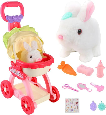 Bunny Toys for Kids Girls, Lager Size Interactive Plush Rabbit Pet Stroller Toy, Electronic Bunny Can Walk Bark, Pretend Play Baby Doll Stroller, Pet Toy Stroller（7.67 * 11.11 * 20.07inch）