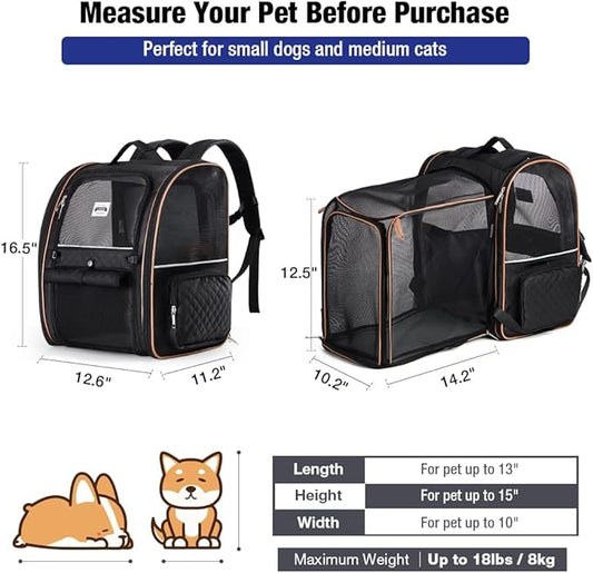 Lekebobor Large Cat Backpack Carrier Expandable Pet Carrier Backpack for Small Dogs Medium Cats Fit Up to 18 Lbs, Dog Backpack Carrier, Foldable Puppy Backpack Carrier for Travel, Black