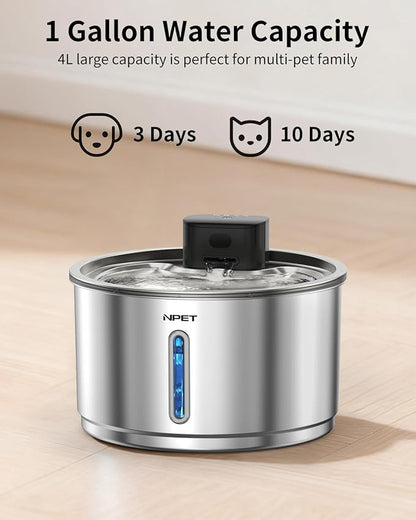 NPET Wireless Cat Fountain Stainless Steel, 1Gallon/135oz Battery Operated Automatic Pet Drinking Fountain - Cordless Dog Water Dispenser with 4 Replacement Filters for Cats Indoor