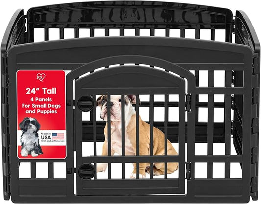 IRIS USA 24" Dog Playpen 4-Panel Pet Exercise Pen with Door Gate 35 x 35 x 24 Puppy Play Pen Indoor Outdoor Plastic Foldable Portable Pet Fence for Small Medium Dogs Puppies Multiple Pets Black
