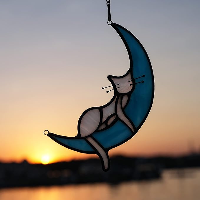 Sleeping White Cat on Moon Stained Glass Window Hangings,Cats Decor Cat Memorial Gifts for Cats Lovers,Suncatcher for Kitchen Bedroom Birthday Gift for Mom Grandma Aunt