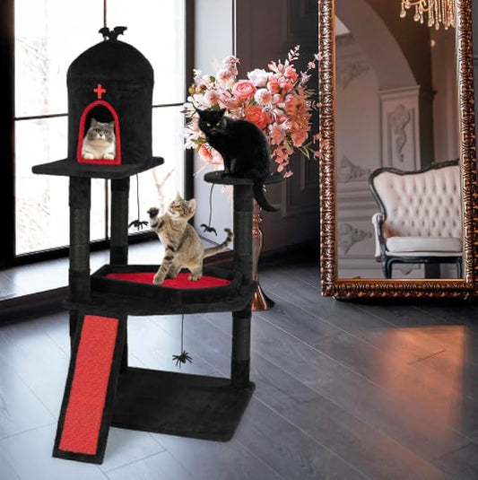 VINGLI 53.5in Gothic Cat Tree with Coffin Bed, Large Cat Tower for Indoor Cats with Spacious Condo, Spider Web Perch, Sisal Scratching Posts & Board, Hanging Spider Toys, Red & Black Cat Furniture