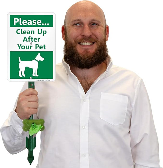 SmartSign Please Clean Up After Your Pet Yard Sign & Clip-On Dispenser Combo/Kit, 7"x10" Rust-proof Aluminum Sign with 18-inch Steel Stake, Compact Dispenser Preloaded with a 15 Dog Poop Bags Roll