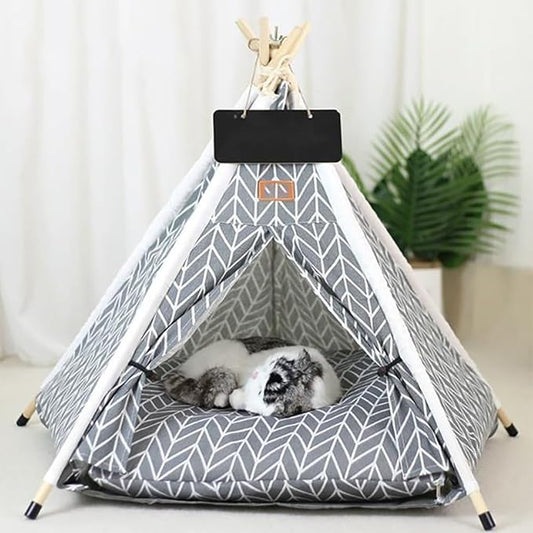 Stylish Pet Teepee Tent with Removable Cushion, Foldable Cat & Dog Tent House with Solid Wood Frame for Indoor Use (Multiple Patterns & Sizes)(K,M)