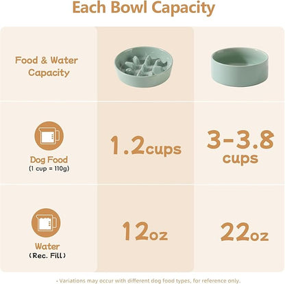Ceramic 1.2 Cup Raised Slow Feeder Dog Bowl Set, Elevated 6.1inch Bowl and 7.3inch Slow Pet Food Dish with Wooden Stand for Small and Medium Dog (2 x Light Green+ Stand)