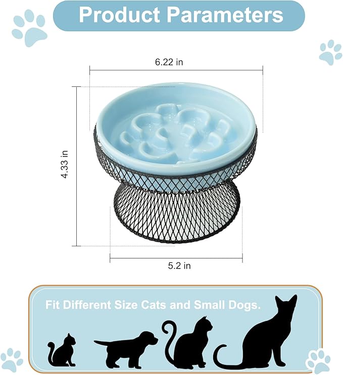 Elevated Ceramic Cat Slow Feeder Bowl Raised Cat Food Bowl with Stand, Detachable pet Bowl Design for Wet Food and Dry Food, Whisker Friendly Pet Puzzle Feeder for Kitten and Small Dog