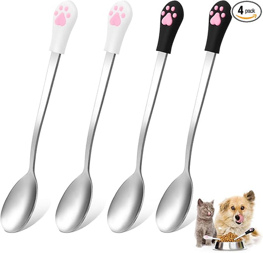 4 Pcs Stainless Steel Dog Cat Spoon Cat Claw Spoon for Wet Food Long Handle Cats Food Scoop Cute Pet Can Spoons Pet Feeder Spoons for Dog and Cats Foods Can (White and Black)