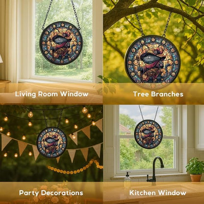 Stained Glass Window Hanging， Black Cat on Branch 7.8in Sun Catchers Indoor Window， Core Decor Inside and Outside The Cottage， Gifts for Women， Gothic Decor， Halloween Decor， Autumn Leaves