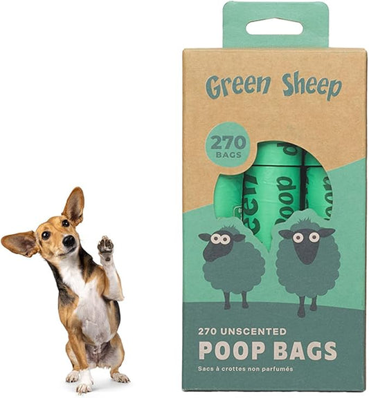 Green Sheep Dog Poop Bags, 65% GRS Certified Recycled PE, Unscented Dog Waste Bags, 270 Count Rolls for Dogs & Cats, Litter Bags for Pet Waste Disposal