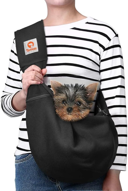 Tomkas Small Dog Sling Carrier - Adjustable Strap & Zip Pocket - Suitable for Puppies (Black)
